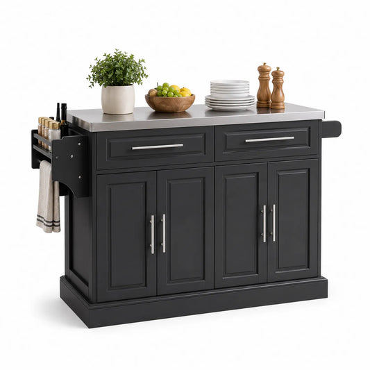 Wyspa kuchenna prostokątna około 130 cm x 50 cm x 90 cm MDF czarna blat stal nierdzewna szara z 2 szufladami i 4 drzwiami