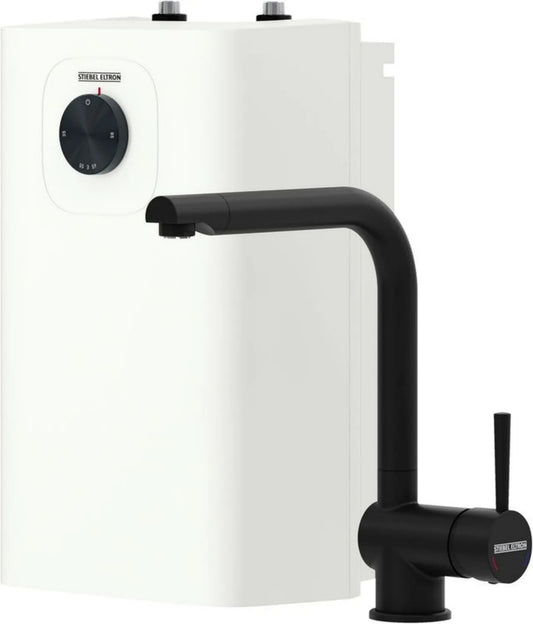 STIEBEL ELTRON Mały zbiornik SNU 5 Plus z kranem czarnym matowym, kompaktowy bojler pod stołem 5L, funkcja termostop, niskie ciśnienie