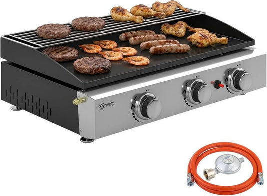 Przenośny grill gazowy Outsunny 7,5 kW z 3 palnikami, ruszt do podgrzewania, taca na tłuszcz, stal nierdzewna