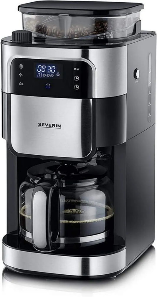 SEVERIN KA 4813 Ekspres do kawy z młynkiem i timerem, szklany dzbanek, 10 filiżanek, 1000 W, czarny/stal nierdzewna