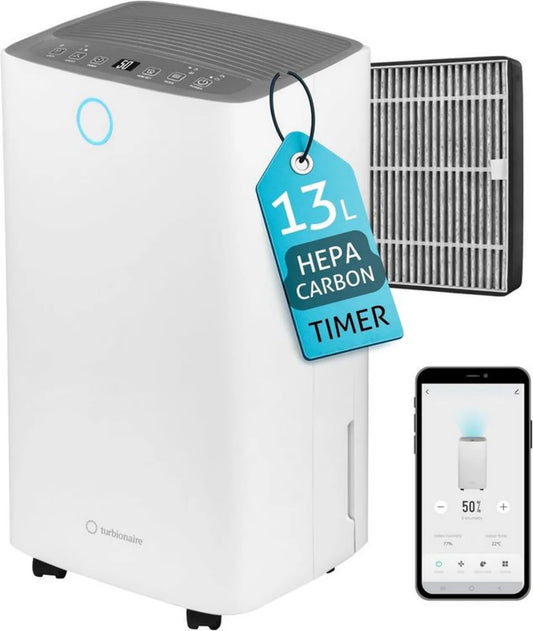 Turbionaire SENSO 13 WiFi Osuszacz i Oczyszczacz Powietrza, 13L/dobę, Filtr HEPA, WiFi, Cichy, Wskaźnik Wilgotności