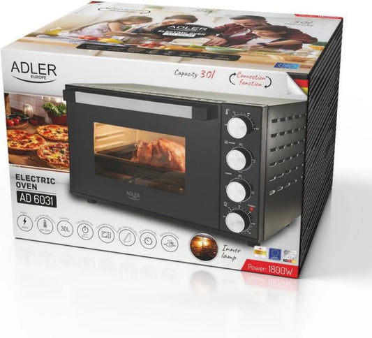 Piekarnik Elektryczny ADLER 30L, 1800W, Konwekcja i Rożno, 12 Trybów, Temperatura 100-230°C, Minutnik do 60 minut, Czarny