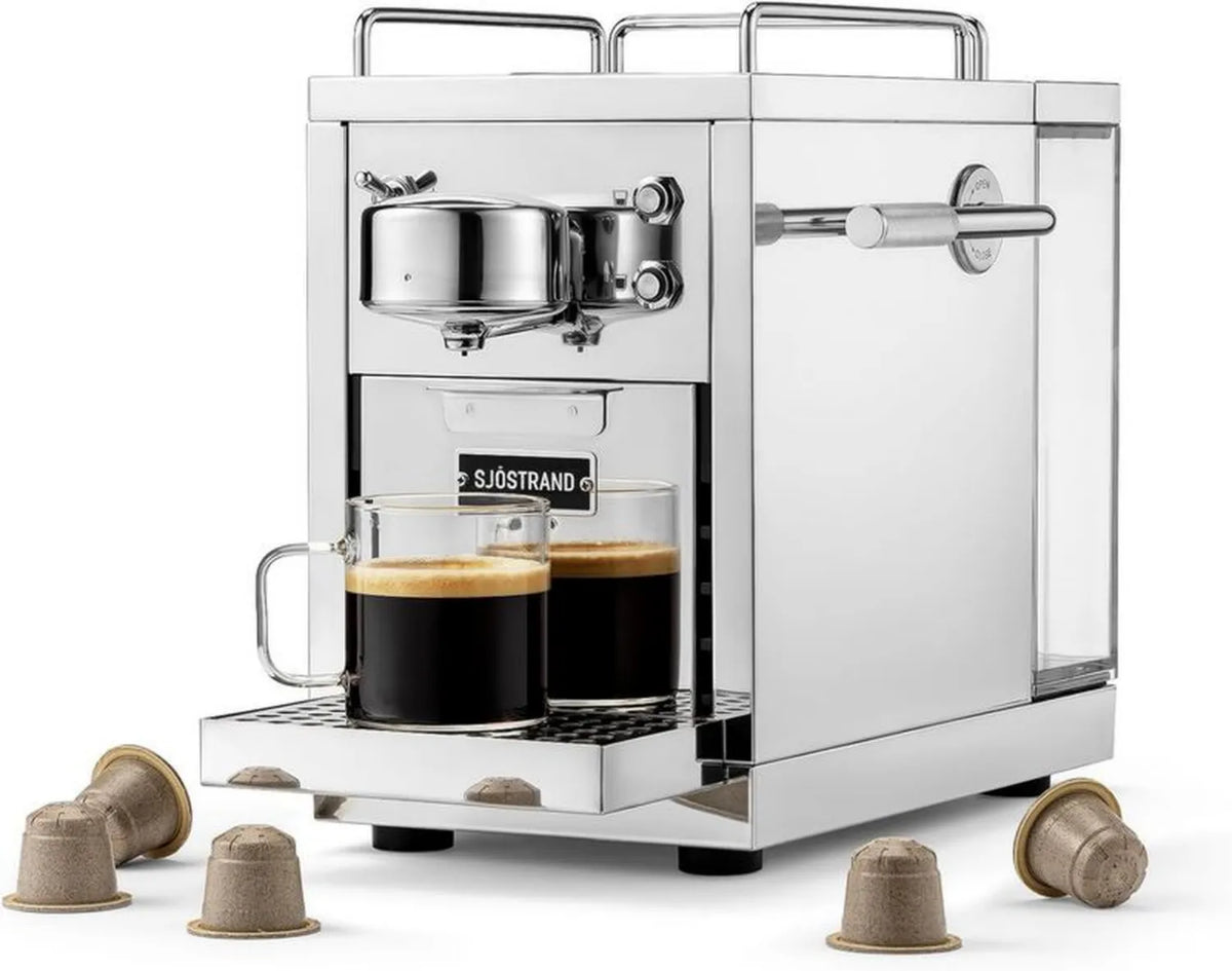 Stalowy ekspres do kawy kompatybilny z Nespresso®, skandynawski design, trwały i naprawialny