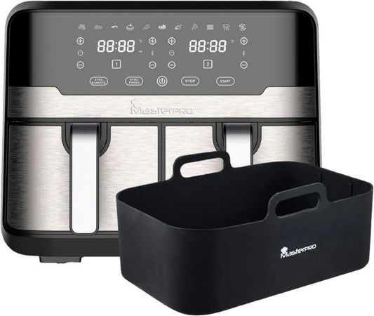 MasterPRO Air Fryer Duo 900 - Podwójna beztłuszczowa frytkownica czarna 9L, 2400W - LED ekran dotykowy i kosz zapobiegający przywieraniu